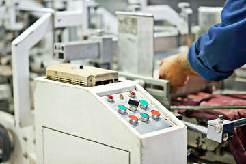 Image showing Machine, worker and hand with buttons in factory for printing process, manufacturing and production. Closeup, cnc operator and employee in workshop with electronic controller for commercial industry