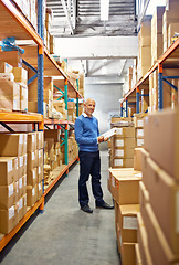 Image showing Senior, man and portrait in warehouse with clipboard for inventory, quality control and freight distribution. Manager, wholesale supplier and stock checklist in logistics industry for box inspection