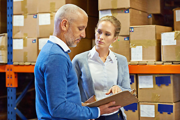 Image showing Logistics, team or clipboard in warehouse with inventory for quality control, service delivery or freight distribution. Senior manager, woman or wholesale supplier with stock checklist for inspection