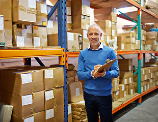 Image showing Manager, clipboard and portrait in warehouse with inventory for quality control or freight distribution. Senior businessman, wholesale supplier or stock checklist in logistics industry for inspection