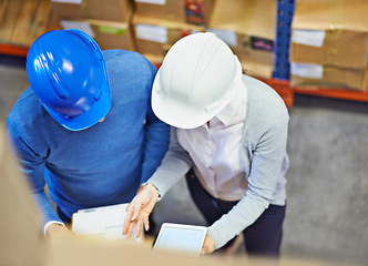 Image showing Checklist, tablet and people in warehouse for inventory, quality control or freight distribution. Manager, teamwork or above of inspector with stock logistics or boxes for supply chain in factory