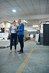 Image showing Factory, tablet and people in warehouse for printing, quality control or freight distribution with teamwork. Manager, wholesale or inspector with stock logistics or shipping info for supply chain