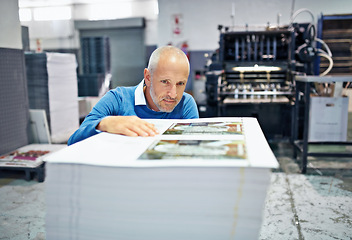 Image showing Printing, factory and man with paper for inspection, quality control and supply chain in workshop. Warehouse, distribution and person check for logistics, manufacturing and industrial production