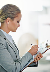 Image showing Writing, clipboard or business woman at a warehouse for logistic, delivery or cargo, shipping or planning. Factory, supply chain or lady manager paper checklist for retail, stock or procurement notes