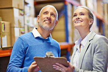 Image showing Warehouse, clipboard or business people with vision for logistic, delivery or cargo, shipping or planning. Factory, supply chain or team smile for paper checklist or retail, stock or procurement note