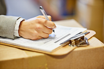 Image showing Inspector, clipboard and closeup of hand writing in warehouse for inventory, quality control and freight distribution. Logistics, person and wholesale supplier with stock checklist for box inspection