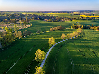 Image showing Drone flies over countryside with green field.