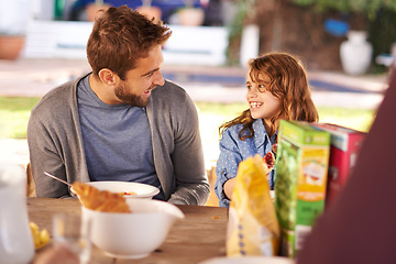 Image showing Dad, girl and breakfast in garden with portrait and smile for fathers day with family, kids and nutrition at home. Man, kid and cereal meal in house backyard with joy, children and happiness