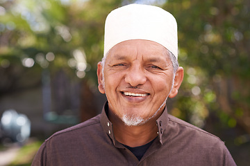 Image showing Happy, muslim and portrait of man outdoor with a smile in garden or relax on holiday in retirement. Senior, person and travel on vacation in summer to park or enjoy nature and trees in backyard