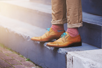 Image showing Stairs, legs and feet of man with shoes for travel, journey or trip to fashion designer job. Male person, employee and staircase outdoors with morning commute for work, career or creative startup