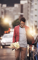 Image showing City, man and bouquet of flowers with walking for romance, love or kind gesture in New York. Male person, downtown and bunch of roses with idea for gift, planning or present on valentines day