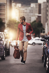 Image showing City, travel and man with bag downtown for weekend trip, journey or holiday getaway in Los Angeles. Cars, buildings and male person with thinking for vacation, commute and tourism with luggage