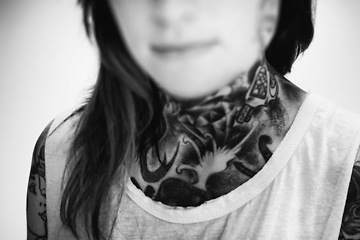 Image showing Woman, neck and tattoo for creative and ink on skin for design, picture and symbol for pattern on closeup. Art, bold and cool for unique and statement for funky, trendy and vibrant for punk