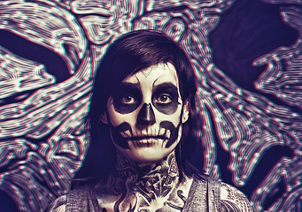 Image showing Skull, makeup and portrait of woman with decoration for festival, Halloween and day of the dead. Creative, costume and person with face paint for horror, scary and gothic style in studio background