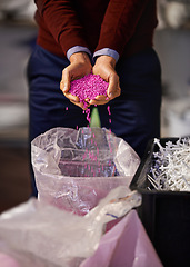Image showing Plastic, factory or hands with wax, pellet or granules zoom for small business, startup or manufacturing. Warehouse, supply chain and person show retail product for recycling, industry or production