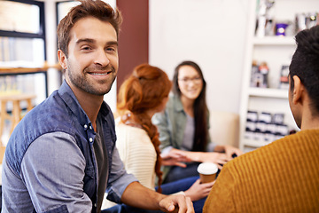 Image showing Business people, meeting and portrait of man in cafe for planning, discussion and conversation for ideas. Teamwork, startup and men and women brainstorming, chat and collaboration in coffee shop