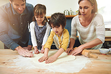 Image showing Learning, smile and family baking food in kitchen together, bonding and happy in home. Pizza, mother and father with kids cooking, teaching and help parents with flour dough for preparation at table
