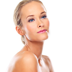 Image showing Thinking, skincare and beauty of woman in studio for glow, shine or health isolated on a white background mockup space. Face, serious and blonde model in makeup for cosmetics, dermatology or wellness