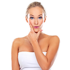 Image showing Woman, portrait and skincare routine in studio, beauty and satisfaction on white background. Female person, pout and mockup space for cosmetics and results of facial, dermatology and aesthetic