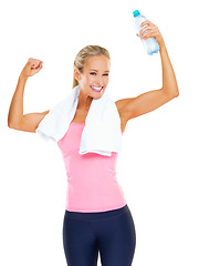 Image showing Woman, portrait and muscle workout in studio with exercise towel or water bottle or health fitness, training or white background. Female person, face and strong arms or sport, mockup space or athlete