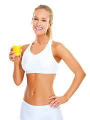 Image showing Studio, athlete and woman with juice, portrait and smile of girl with happiness for nutrition. White background, wellness and female person with energy for sports with training, exercise or workout