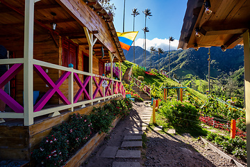 Image showing Entertainment center in Valle del Cocora Valley with tall wax palm trees. Salento, Quindio department. Colombia