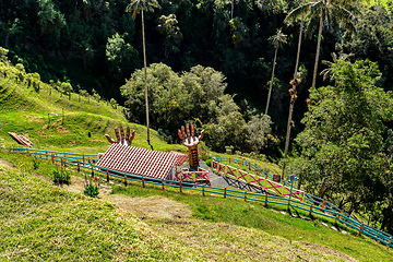 Image showing Entertainment center in Valle del Cocora Valley with tall wax palm trees. Salento, Quindio department. Colombia