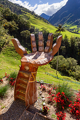 Image showing Entertainment center in Valle del Cocora Valley with tall wax palm trees. Salento, Quindio department. Colombia