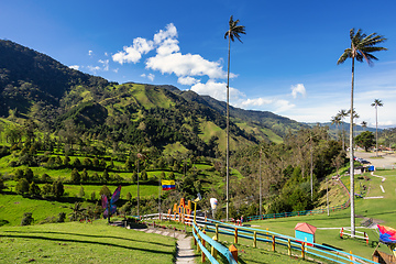 Image showing Entertainment center in Valle del Cocora Valley with tall wax palm trees. Salento, Quindio department. Colombia