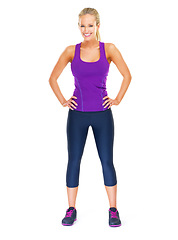 Image showing Portrait, confident or woman in fitness, fashion or athleisure apparel in studio on white background. Female person, activewear or smile as ready for wellness, healthy or workout challenge on mockup