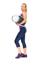 Image showing Woman, portrait and scale for lose weight in studio for training workout or diet progress, exercise or white background. Female person, face and fitness health for wellness, sports or mockup space