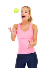 Image showing Woman, apple and diet nutrition with smile in studio for healthy training, lose weight or white background. Female person, happy and fitness workout with fruit snack or organic, fibre or mockup space