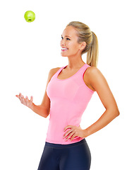 Image showing Woman, apple and diet nutrition for wellness in studio or health training, lose weight or white background. Female person, happy and fitness workout with fruit snack or organic, fibre or mockup space