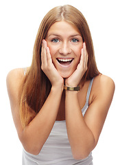 Image showing Portrait, surprise and excited with woman, smile and celebration isolated on a white studio background. Face, person and model with expression or girl with victory and winner with announcement or wow