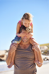 Image showing Smile, dad and shoulder to carry child for family, game and bonding together on summer beach day. Blue sky, papa and young female kid for fun walk, happiness and sunshine on vacation in Brazil