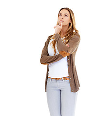 Image showing Woman, studio and mockup for idea, thought and fashion with wavy hair in cardigan with space. Female person, thinking and white background for style, decision and solution mood while brainstorming