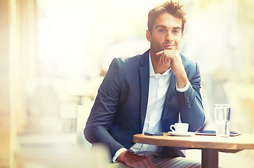 Image showing Portrait, confident or businessman to relax at cafe on social media, website or online news network. Man, smile or business attire to rest at coffeeshop on blog, web or app to download email message