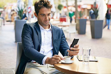 Image showing Man, phone or cafe to relax on social media to connect, browse or search on web, blog or mobile app. Businessman, tech or smile to download, update or post meme, gif or ebook as digital entertainment