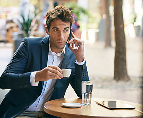 Image showing Businessman, phonecall or cafe in thinking, planning or dream of communication on coffee break. Man, mobile or cup to discuss, vision or idea of software startup business at outdoor coffeeshop