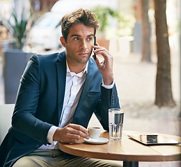 Image showing Businessman, mobile or call as thinking, coffee or discussion of tech, startup or company vision. Man, phone or idea of planning, corporate or communication in work break at outdoor cafe in Colombia