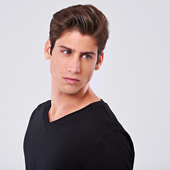 Image showing Handsome man, grooming and style with hair, fashion or tshirt on a gray studio background. Attractive male person, caucasian or model with trendy hairstyle, clothing or barber treatment on mockup