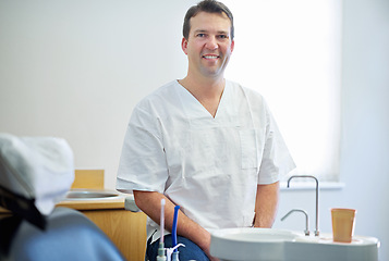 Image showing Portrait, male dentist and man with hygiene equipment and medical service with schedule and professional. Face, person and oral care with employee and appointment with tools, smile and dental health