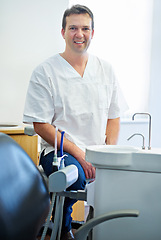 Image showing Man, portrait and dentist consultation for dental care or teeth wellness or cleaning hygiene, oral or equipment. Male person, face and employee or health insurance or gum clinic, results or checkup