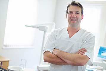 Image showing Man, portrait and dentist equipment for dental teeth or wellness consultation or clean hygiene, oral or whitening, Male person, face and employee or healthy insurance or clinic, results or checkup