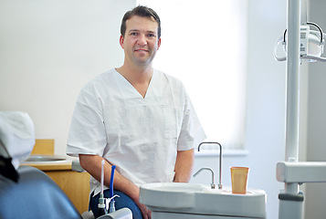 Image showing Man, portrait and dentist for teeth or dental care or wellness consultation and cleaning, oral or equipment. Male person, face and employee for healthy insurance or gum clinic, results or checkup