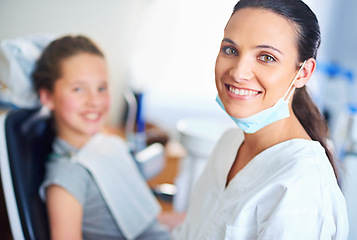 Image showing Health, clinic and portrait of dentist with child for cleaning, teeth whitening and wellness. Healthcare, dentistry and woman and girl with tools for dental hygiene, oral care and medical services