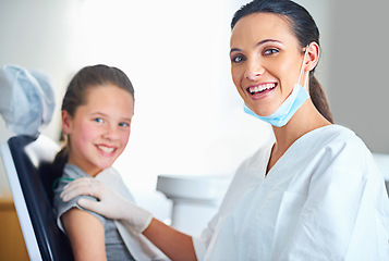 Image showing Consulting, clinic and portrait of dentist with child for cleaning, teeth whitening and wellness. Healthcare, dentistry and woman and girl with smile for dental hygiene, oral care and medical service