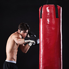 Image showing Man, punching bag and martial arts with fitness, challenge and fighter with gloves and wellness with workout. Boxer, practice and athlete with exercise and training with endurance, health or progress