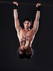 Image showing Exercise, pull up and man with fitness, challenge and endurance with progress and cardio training. Muscular, person and athlete with a bar and strength with workout and wellness with body and muscle