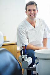 Image showing Portrait, smile or man dentist in consulting office for help, advice or mouth wellness exam. Dental, oral care or orthodontist, doctor or specialist with friendly service, teeth whitening or hygiene